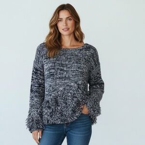 J.Crew Women Blue White Textured Loop Knit Fringe Sweater Heavy Cotton Blend M